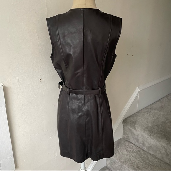 Vintage Jackie Bernard Brown Leather Sleeveless V-Neck Belted Mini Dress EUC 6 - Picture 3 of 7